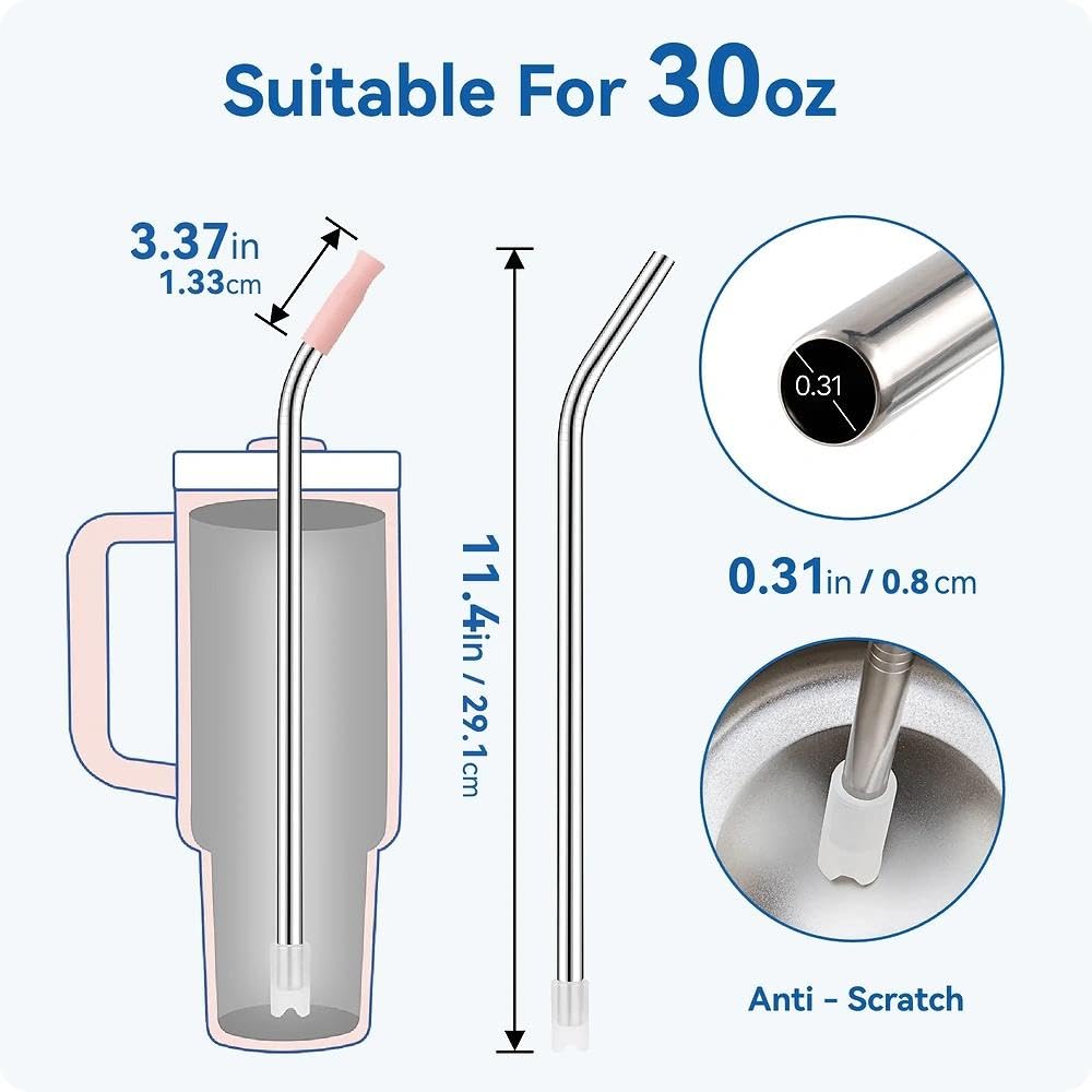 Prurex Bent Metal Straws for Stanley 30oz, Reusable Stainless Steel Straws