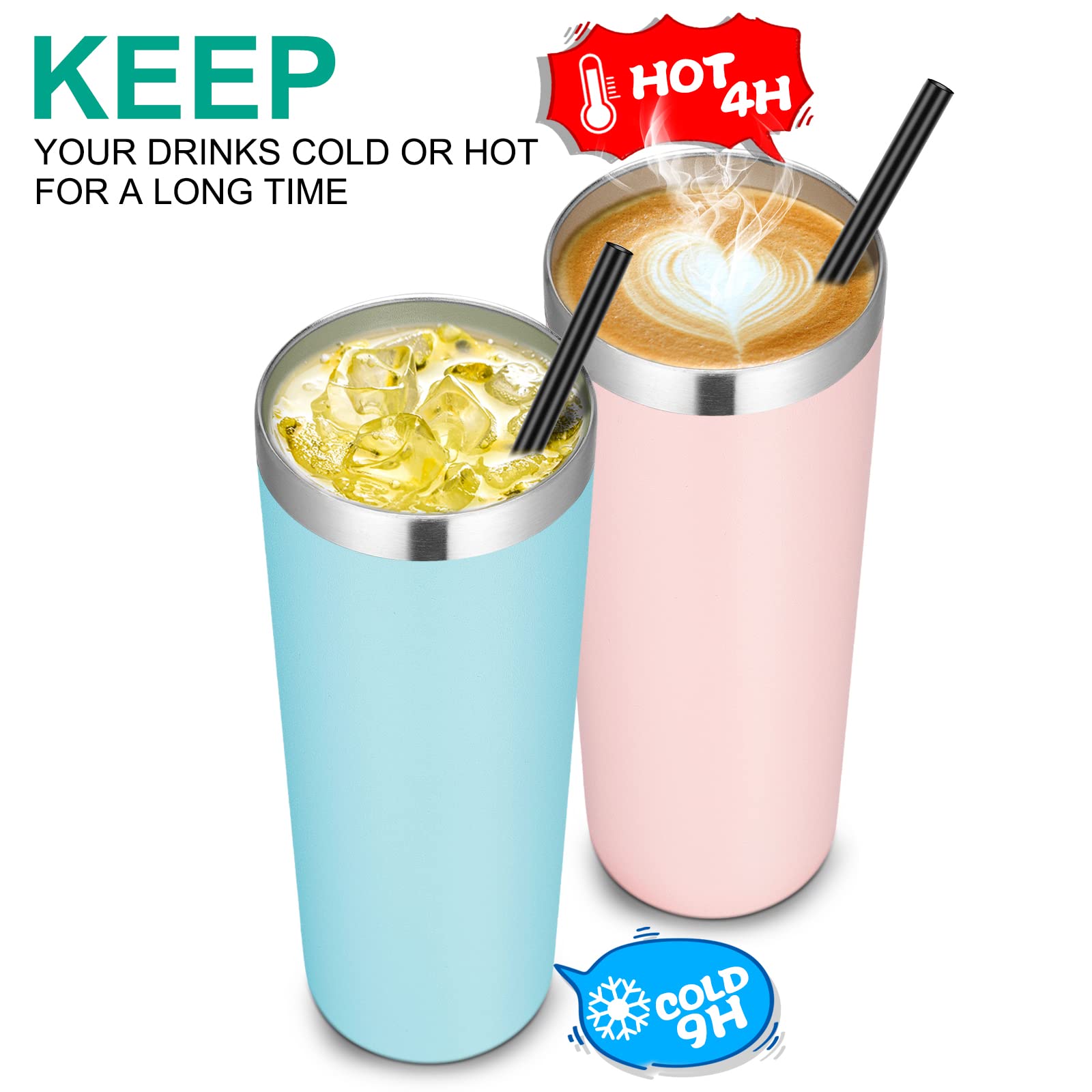 VEGOND Stainless Steel Tumblers Bulk 6 Pack, 20 oz Vacuum Insulated Skinny Tumblers with Lid and Straw, Double Wall Coffee Mug, Travel Water Cup, Light Pink