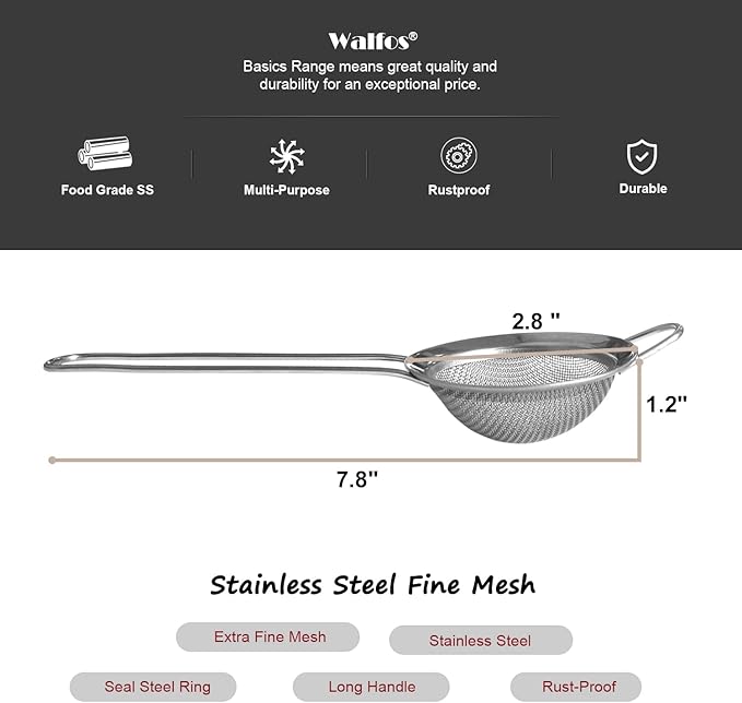 Walfos Mini Fine Mesh Tea Strainer, Stainless Steel Small Sifter with Sturdy Handle, 2.8 Inch Kitchen Metal Sieve for Tea, Coffee, Cocktail, Juice, Sugar and Spices