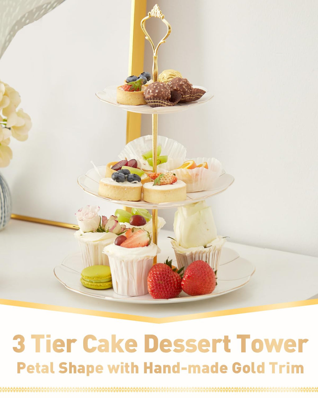 DUJUST Luxury Porcelain 3-Tier Cupcake Stand Tower, British Style Serving Tray with Golden Trim, Food Grade Dessert Display Stand, Beautiful Gift for Tea Party & Home Décor