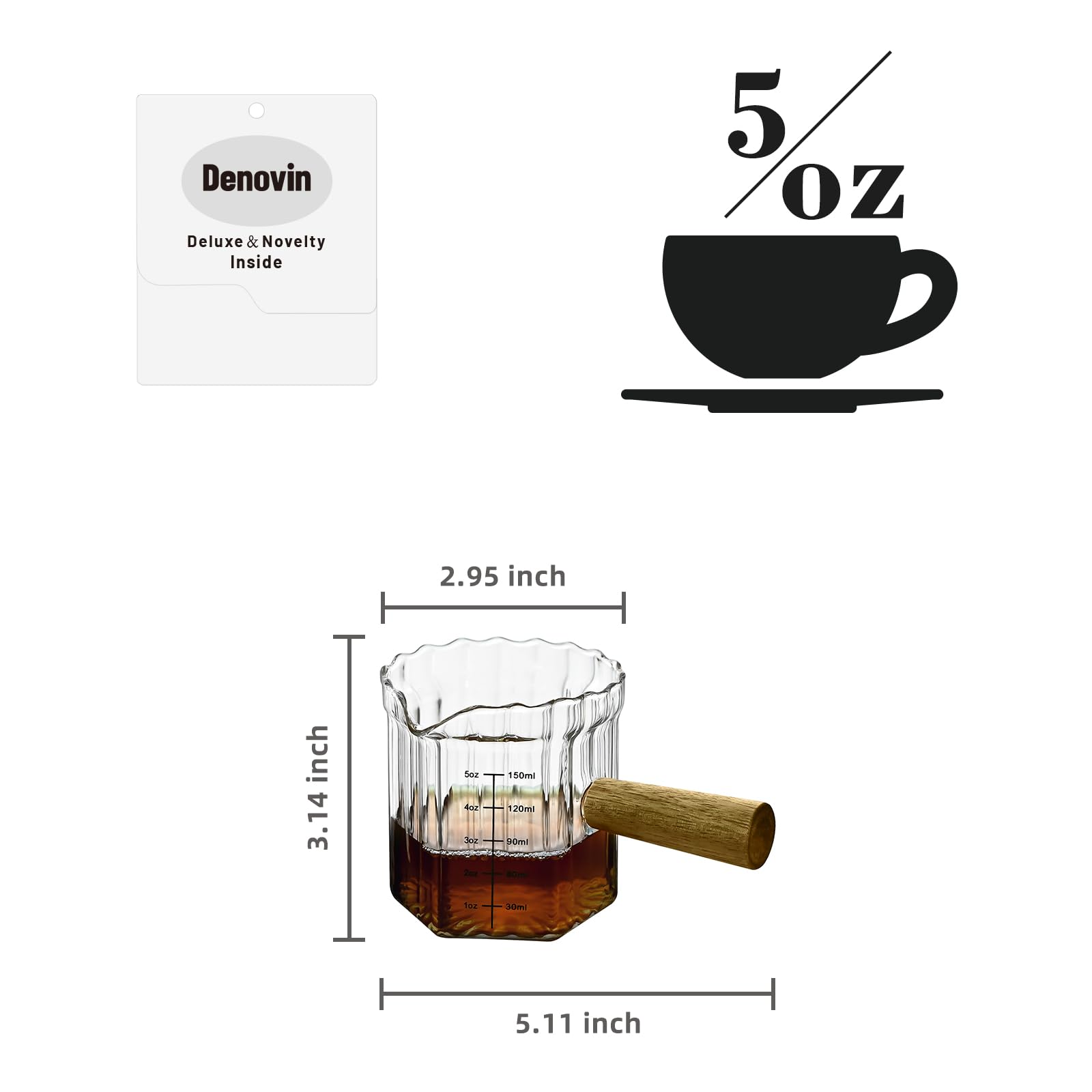 Denovin Glass Measuring Cup, 5oz Espresso Shot Glass with Wood Handle