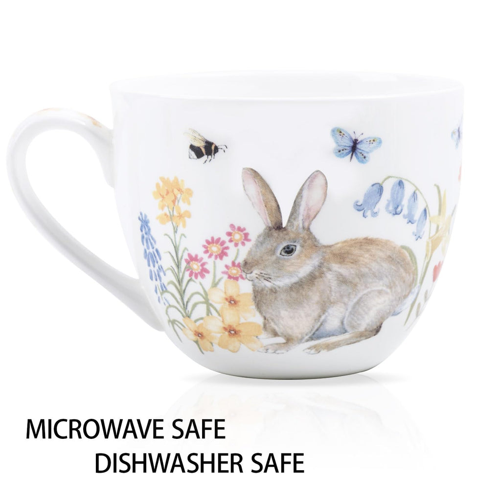 MFoffice 20 oz Bunny Coffee Mug with Spring Flowers & Happy Days Slogan, Premium Bone China Rabbit Coffee Cup, Cute Garden Gift for Women, Family&Friends, Designed in England by Harvest Green Studio