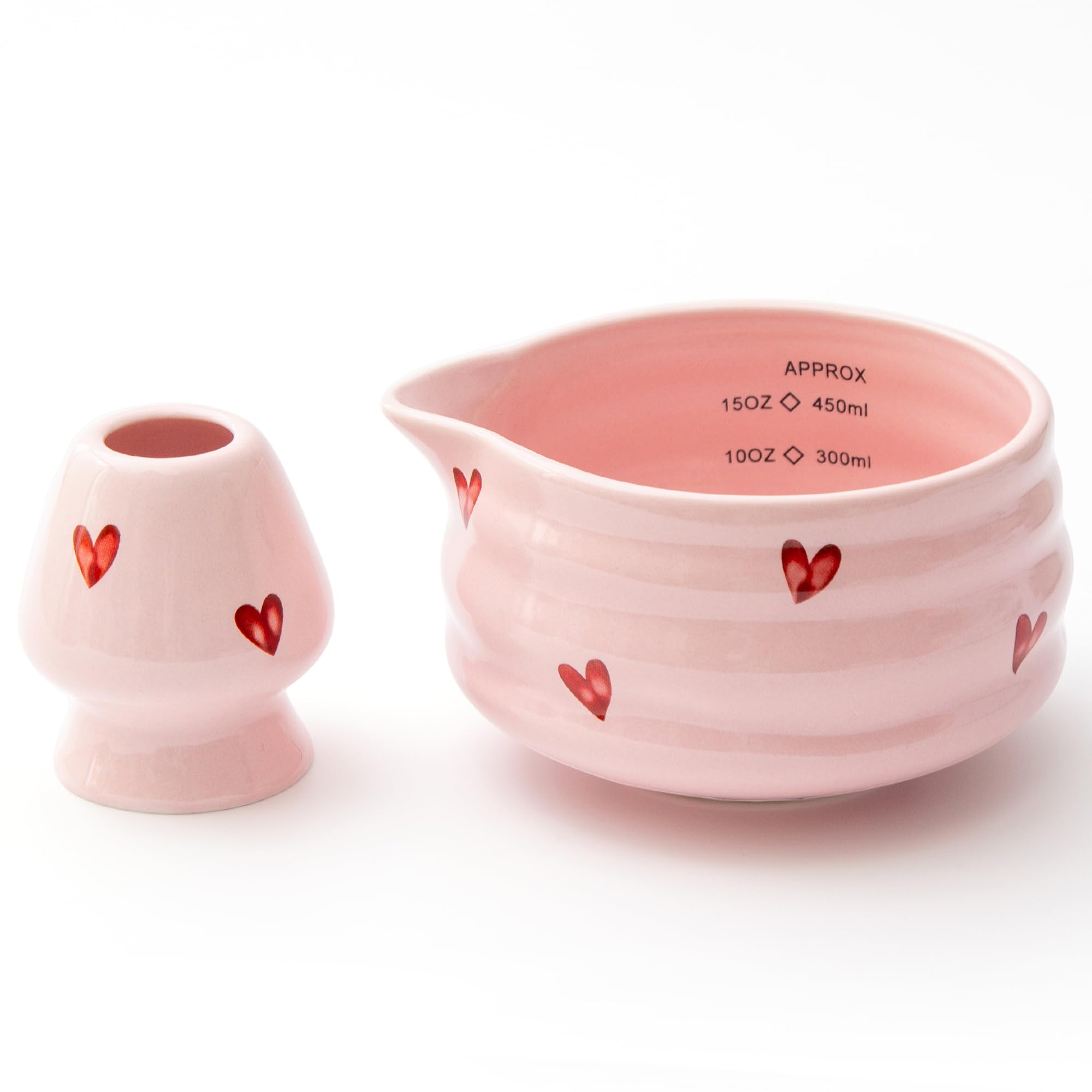 YumiPLUS 2pcs Matcha Bowl with Whisk Holder, Ceramic Pink Matcha Bowl with Spout, 16.5OZ Porcelain Bowl with Measurement Marks, Tea Mixing Bowl with Whisk Stand, Cute Valentine Gift (pink love)