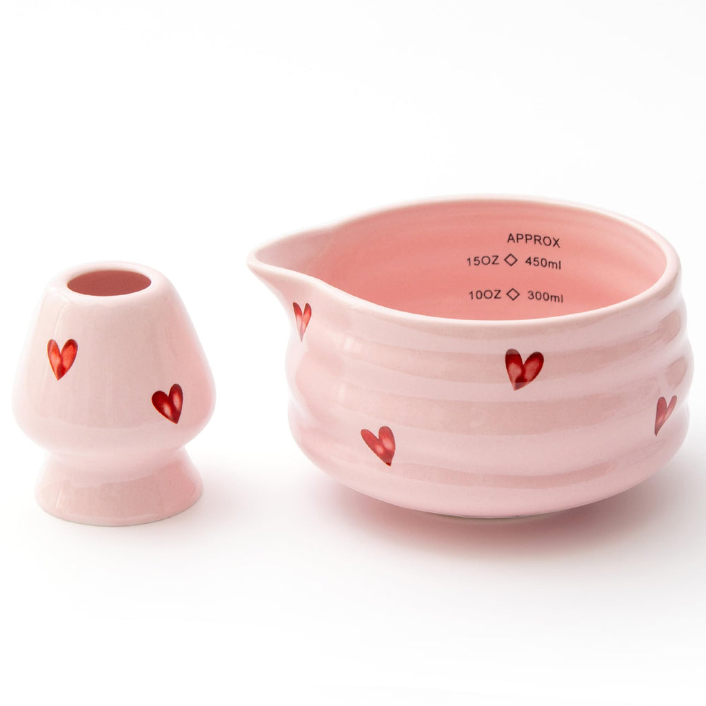 YumiPLUS 2pcs Matcha Bowl with Whisk Holder, Ceramic Pink Matcha Bowl with Spout, 16.5OZ Porcelain Bowl with Measurement Marks, Tea Mixing Bowl with Whisk Stand, Cute Valentine Gift (pink love)