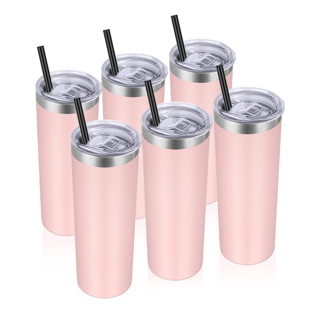 VEGOND Stainless Steel Tumblers Bulk 6 Pack, 20 oz Vacuum Insulated Skinny Tumblers with Lid and Straw, Double Wall Coffee Mug, Travel Water Cup, Light Pink