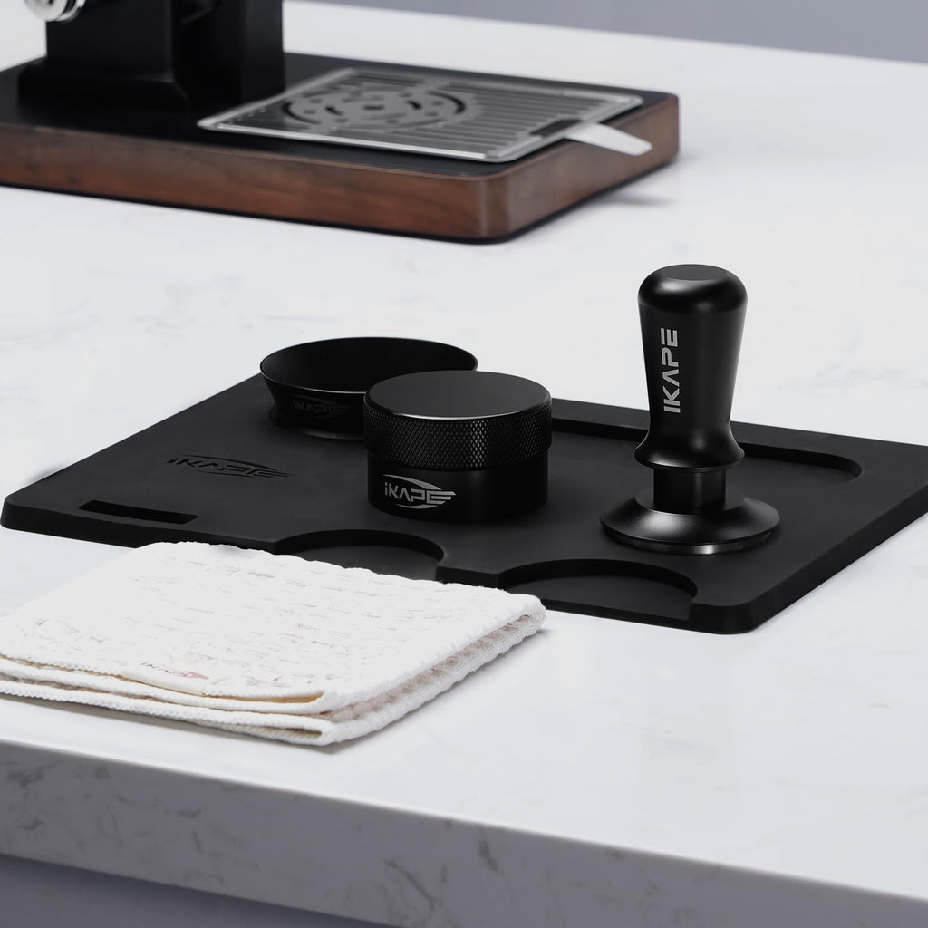 IKAPE 58MM Espresso Tamper Kit Black 6 IN 1, Coffee Tamper Set Including Tamper, Distributor, Magnetic Dosing Funnel, Silicone Mat, Puck Screen, and Cleaning Towel