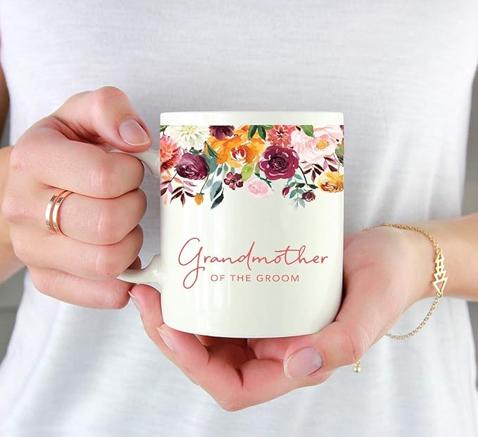 Andaz Press 11oz. Wedding Ceramic Coffee Tea Mug Gift, Fall Autumn Burgundy Orange Peach Flowers Roses Florals, Grandmother of the Groom, 1-Pack, Includes Gift Box