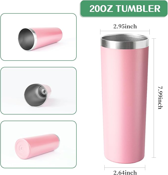 20 oz Skinny Tumbler with Lid and Straw,Stainless Steel Vacuum Insulated Tumbler Cup Double Wall Leak-proof Coffee Mug,Travel Thermal Water Tumbler for Home,Office,Outdoor (Pink,1)