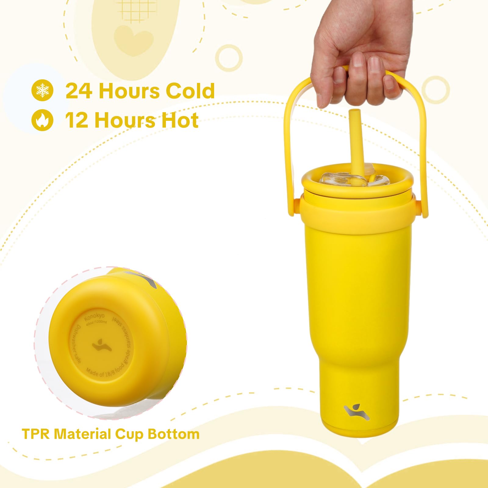 Konokyo 40 oz Tumbler with Handle and Straw, Insulated Travel Mug