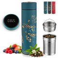 Farasi Tea Infuser for Loose Leaf Tea Smart Water Bottle with Temperature Display, Stainless Steel Insulated Coffee and Fruit Tea Infuser Bottle - Green Floral Travel Tea Mugs 15 oz