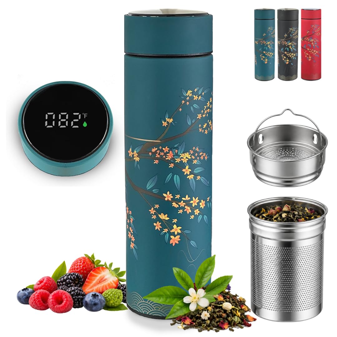 Farasi Tea Infuser for Loose Leaf Tea Smart Water Bottle with Temperature Display, Stainless Steel Insulated Coffee and Fruit Tea Infuser Bottle - Green Floral Travel Tea Mugs 15 oz