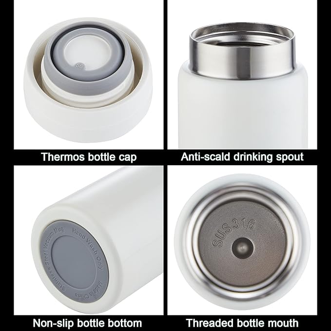 10oz Mini Water Bottle Stainless Steel Thermos Small Flask - Insulated Vacuum, Leak Proof, Keeps Drinks Hot/Cold - Ideal for Coffee, Tea, Water - White