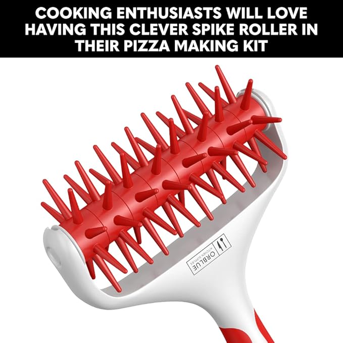 Orblue Pizza Dough Docker, Pastry Roller with Spikes, Pizza Docking Tool for Home & Commercial Kitchen - Pizza Making Accessories that Prevent Dough from Blistering, Red
