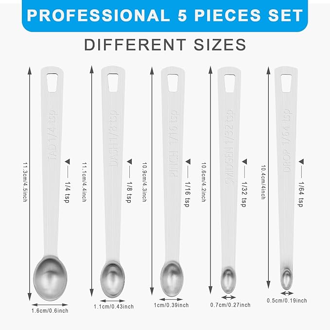 Mini Measuring Spoon Set, Heavy Duty Stainless Steel Measuring Spoons for Cooking Baking, Tablespoon Teaspoon for Dry or Liquid Ingredients, Fits in Spice Jar, 1/64 1/32 1/16 1/8 1/4 tsp