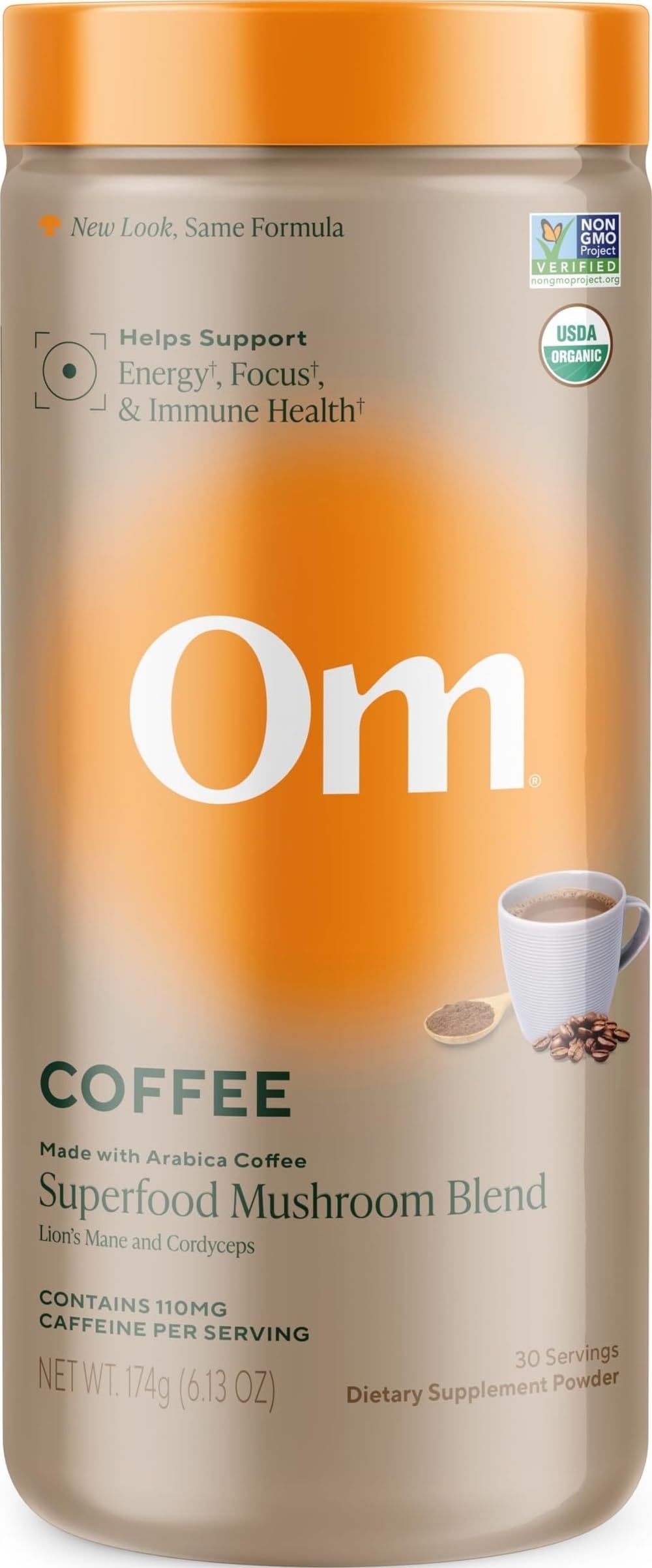 OM MUSHROOM SUPERFOOD Medium Roast Instant Black Coffee USDA Organic with Adaptogenic Mushrooms, USA, Coffee for Energy, Focus Digestion Immunity with Lions Mane & Cordyceps, 30 Servings