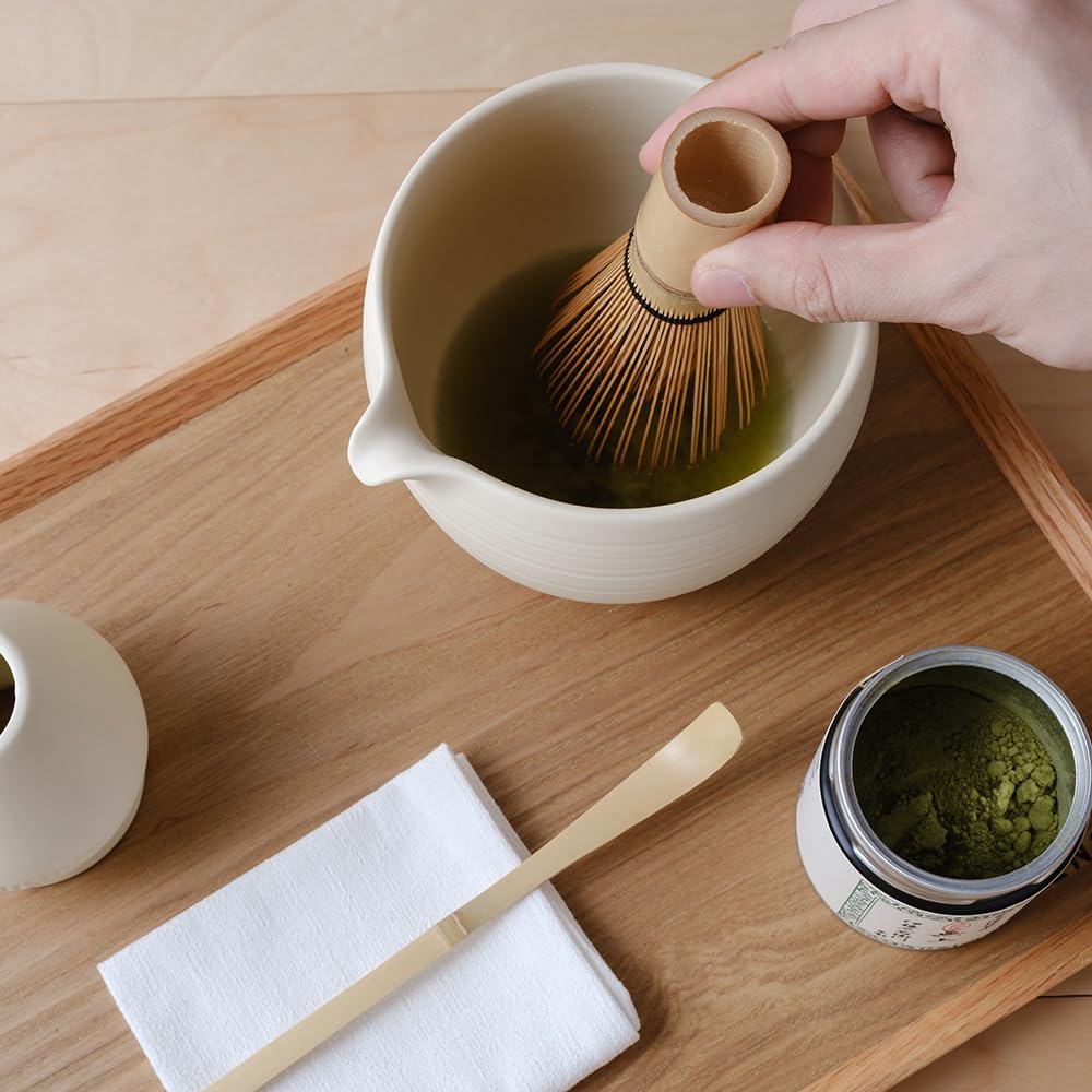 WENSHUO Matcha Whisk Set, Ceramic Matcha Bowl with Spout, White,6-Pc
