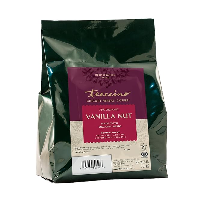 Teeccino Vanilla Nut Chicory Coffee Alternative - 11 Ounce - Ground Herbal Coffee That’s Prebiotic, Caffeine Free & Acid Free, Medium Roast