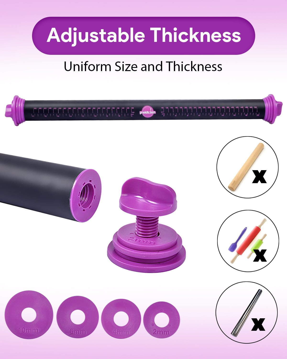 PROKITCHEN Silicone Rolling Pin with Thickness Rings, Adjustable Designs for Fondant, Cookie Decorating, Pasta, Pizza, 23.6 inch Purple Large Long Pin