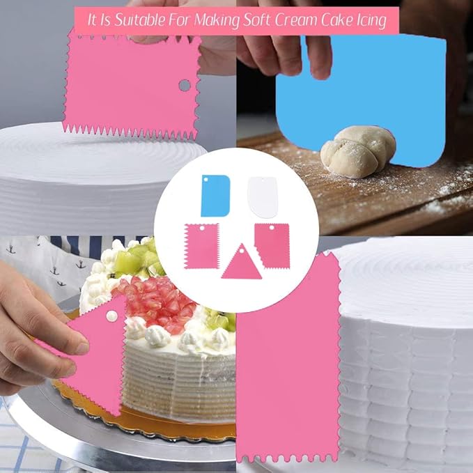 Cake Smoother Scraper Dough Scraper Tools Set,Cake Icing Scraper Smoother,Reusable Bread Cream Pizza Cutter,Flexible Plastic Pastry Cutter,For Baking Cake Edge Stripe Decorating Comb(5Pcs,Multicolor)