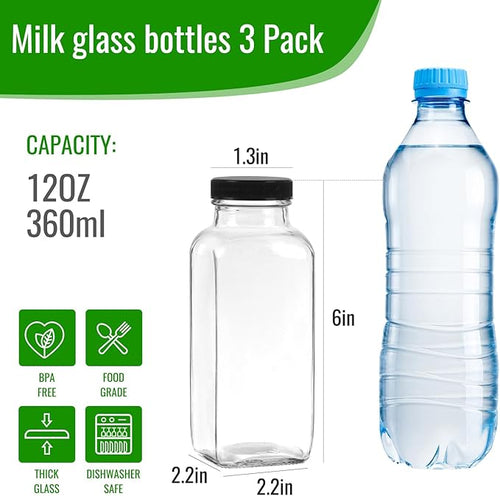 12 oz 3 Pack Glass Juice Bottles with Lids, Drinking Jars for Juicing