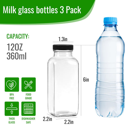12 oz 3 Pack Glass Juice Bottles with Lids, Drinking Jars for Juicing