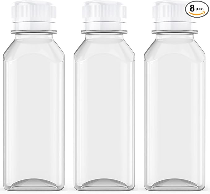 Axe Sickle 8 Pcs 8 Ounce Juice Bottles Plastic Milk Bottles Bulk Beverage Containers with Tamper Evident Caps Lids White for Milk, Juice, Drinks and Other Beverage Containers
