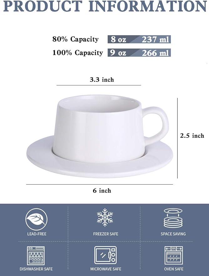 Kanwone Porcelain Stackable Cappuccino Cups with Saucers - 8 Ounce for Specialty Coffee Drinks, Cappuccino, Latte, Americano and Tea - Set of 4, White