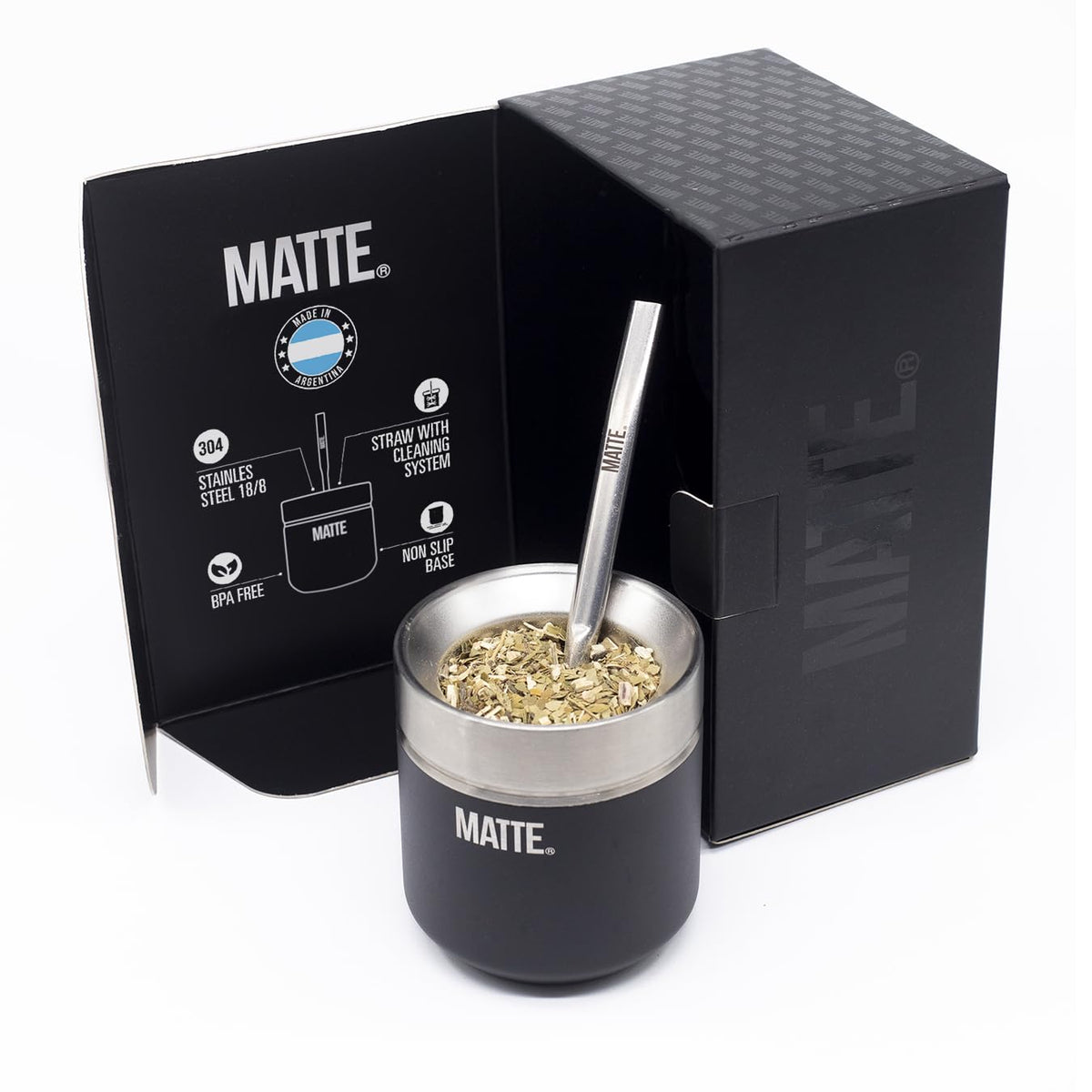 Matte 6.5 oz Yerba Mate Gourd and Bombilla Set - Includes DS Pro Box - BPA Free Yerba Mate Set Kit with Mate Straw, Elegant Design, Non-Slip Base (White)