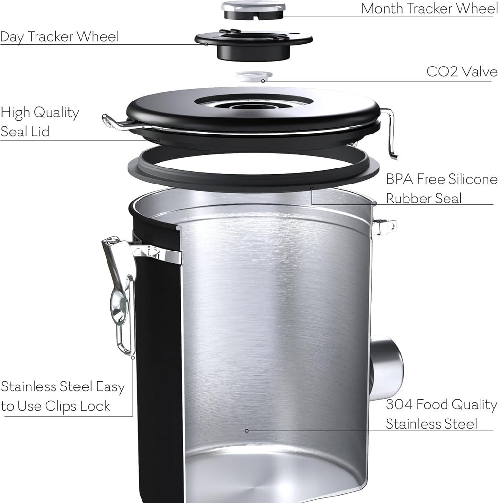 CafetastiQ Coffee Canister – Airtight Stainless Steel Storage Container with Date Tracker & Scoop, Sealed Jar for Grounds, Beans, Tea, Flour, Cereal, and Sugar (Black Esspresso, 22OZ)