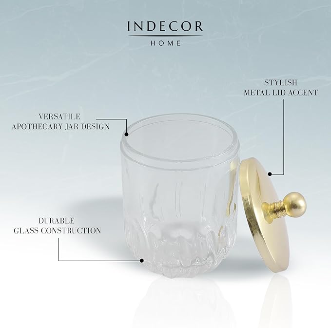Glass Jar with Metal Lid for Bathroom Organization, Clear Apothecary Jar for Cotton Balls, Q Tips, and Small Accessories, Stylish Bathroom Storage Container Gold