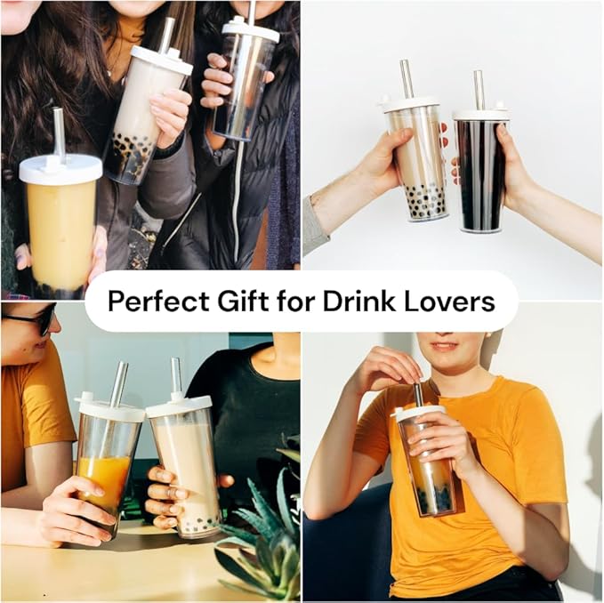 Dodoko Reusable Boba Cup and Straw Boba Tea Cup Bubble Tea Cup Reusable Iced Coffee Cup Cold Coffee Cup Smoothie Cup with Lid and Straw Smoothie Cup to go Smoothie Tumbler 17 oz - Hot Pink