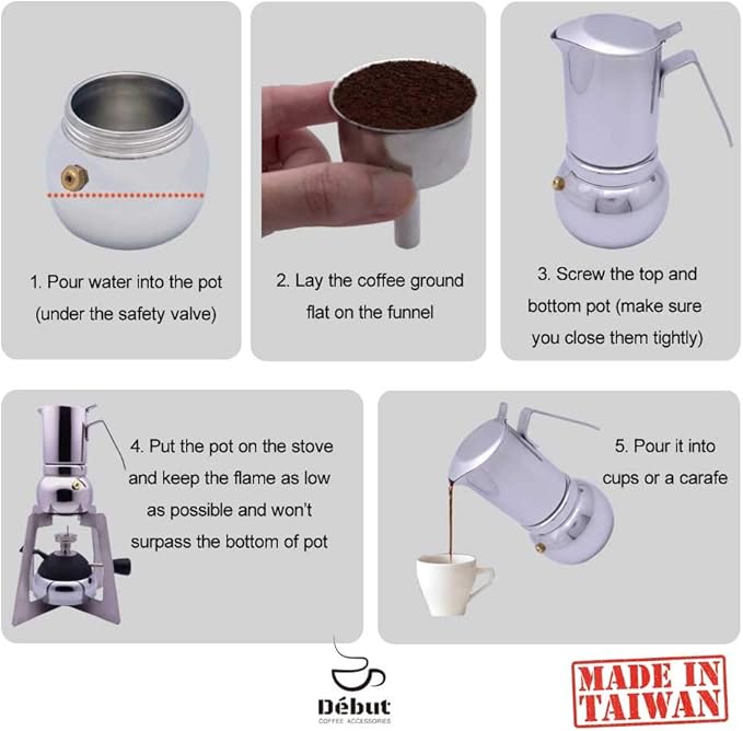DÉBUT Stainless Steel Italian Espresso Coffee Maker Stovetop Moka Pot Greca Coffee Maker Latte Cappuccino Percolator, 6 Espresso Cup - 10 Oz