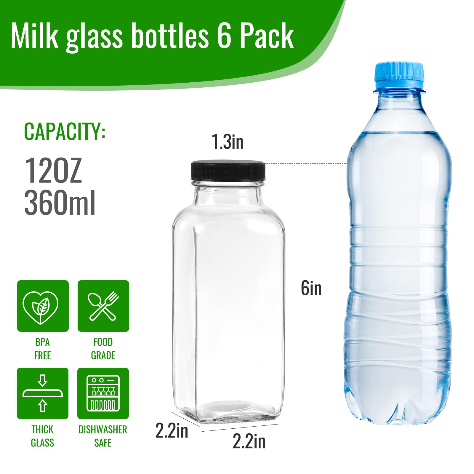 12 oz 6 Pack Glass Juice Bottles with Lids, Drinking Jars for Juicing