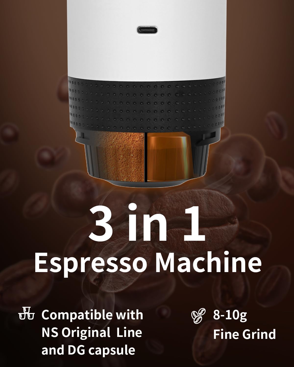 EVERANGE Portable Electric Espresso Machine, Travel Coffee Maker Brewer Compatible with Ground Coffee & NS Capsules (White with LCD Screen)