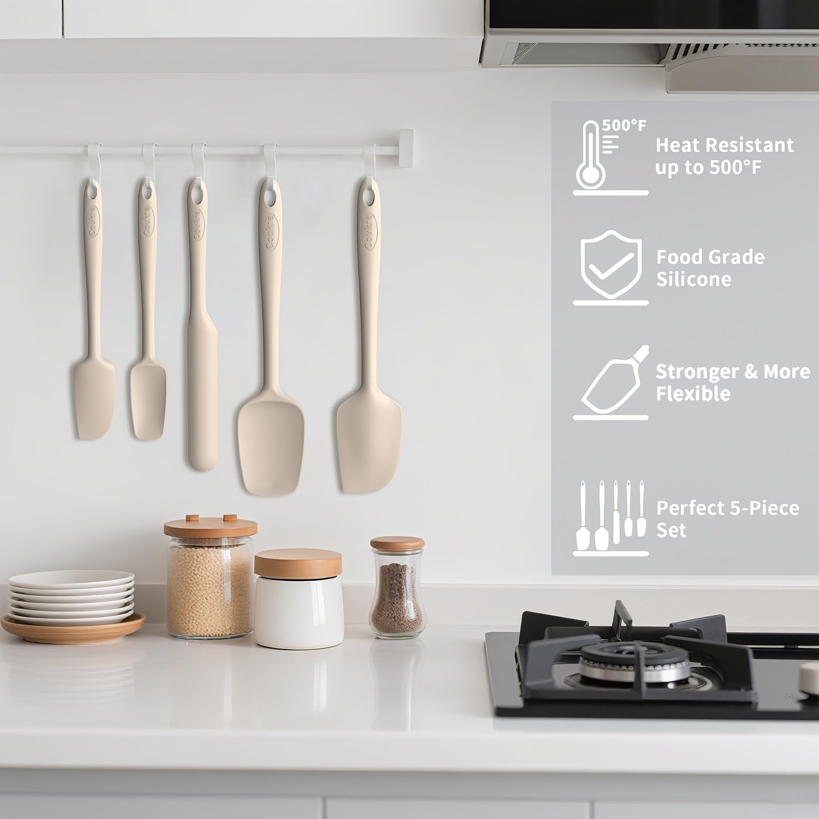 Coukre Silicone Spatula Set of 5,High Temperature Resistant, Food Grade Silicone, Dishwasher Safe, for Baking, Cooking (Pure Beige)