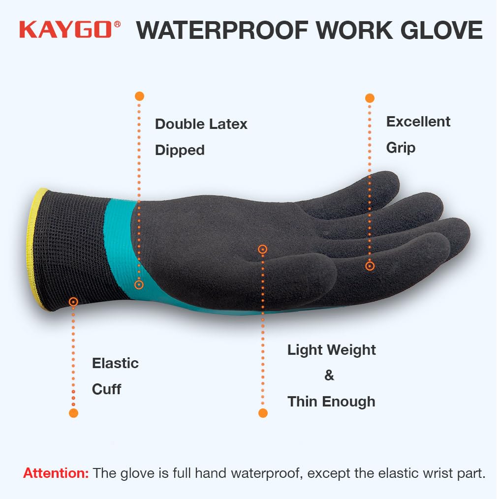 KAYGO Waterproof Work Gloves, Non-Slip Double Latex Coated, KG150