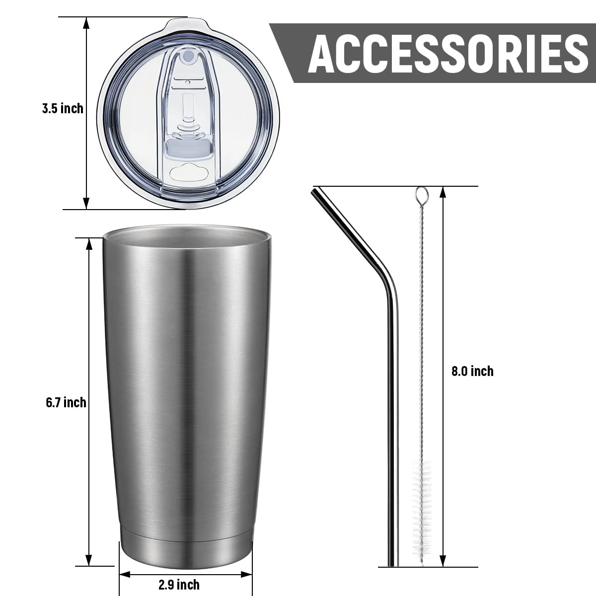 COMOOO 20oz Stainless Steel Tumbler Double Wall Vacuum Coffee Cup Insulated Travel Mug with Lid and Straw Durable Powder Coated Insulated Coffee Cup for Cold & Hot Drinks (Silver, 12 pack