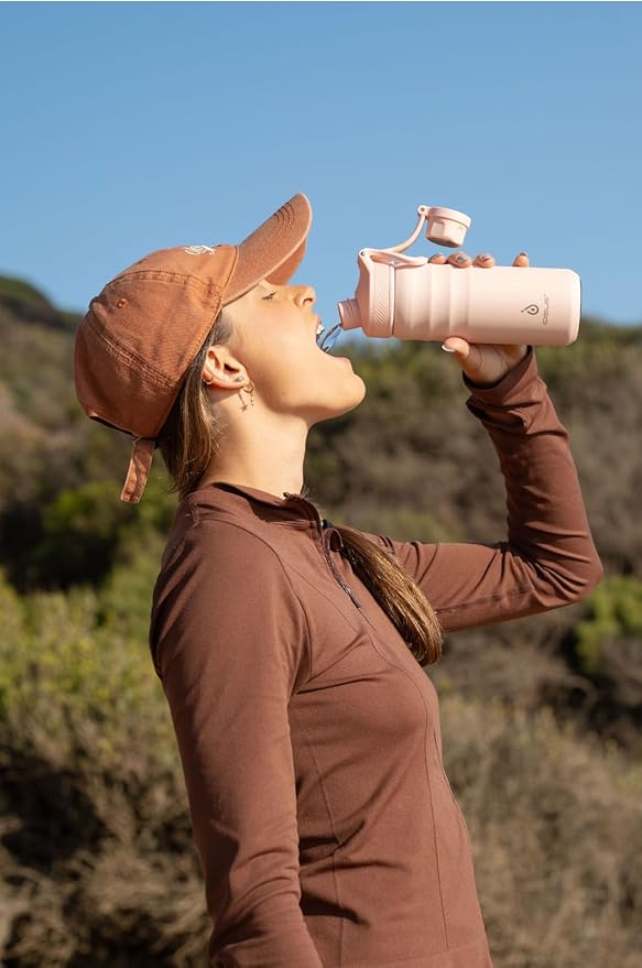 IDEUS Insulated Stainless Steel Water Bottle with 2 Leak-Proof Lids, Thermal Water Flask for Hiking Biking, 24oz, Light Pink