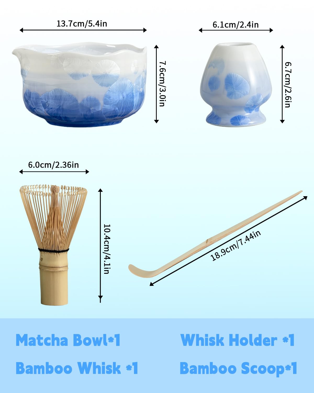 Natural Crystal Flower Matcha Set - 4 Pcs Food Grade Matcha Kit with Spouted Bowl, Matcha Whisk, Scoop and Chasen Holder - Matcha Tea Ceremony Gift for Matcha Lovers (Mist Azure)