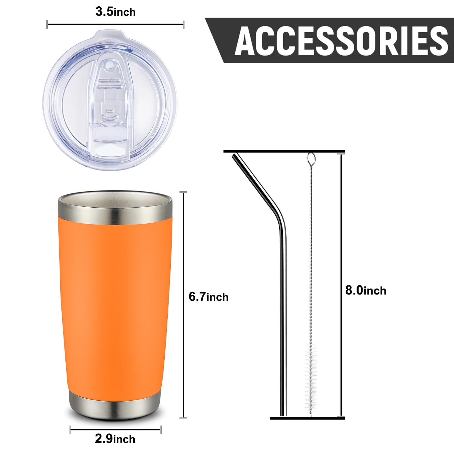 COMOOO 20oz 8 Pack Tumbler Double Wall Vacuum Insulated Coffee Travel Mug Stainless Steel Tumbler Bulk with Lid and Straw Insulated Coffee Cup for Cold & Hot Drinks (Orange, 8 Pack)