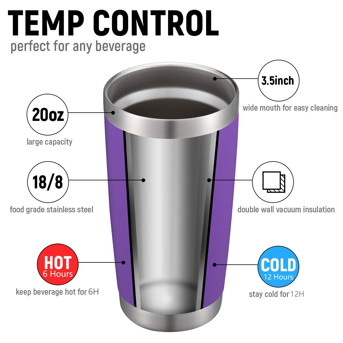COMOOO 20oz Double Wall Vacuum Insulated Travel Mug, Stainless Steel Tumbler with Lid and Straw for Women Durable Powder Coated Insulated Coffee Cup for Cold & Hot Drinks(Purple, 1 Pack)