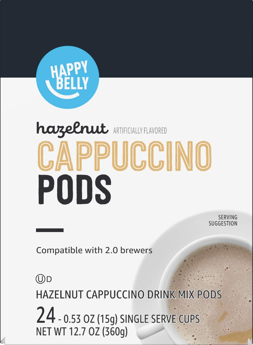 Happy Belly Light Roast Cappuccino Coffee Pods, Hazelnut Flavored, Compatible with K-Cup Brewers, 24 Count