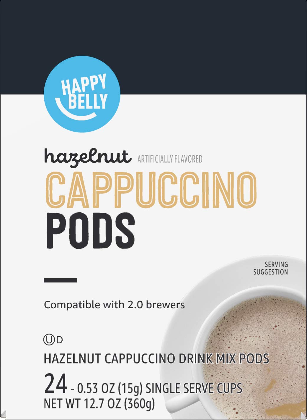 Happy Belly Light Roast Cappuccino Coffee Pods, Hazelnut Flavored, Compatible with K-Cup Brewers, 24 Count