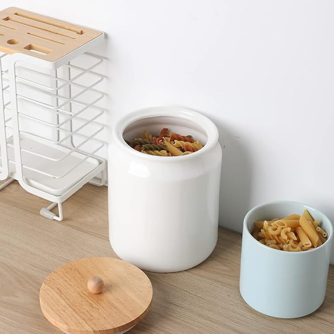 Sweejar Ceramic Kitchen Canisters, 58 FLOZ Porcelain Food Storage Jar with Airtight Seal Wooden Lid, Home Container Serving for Coffee Beans, Tea-leave, Sugar, Salt and More, Tool Bucket (White)