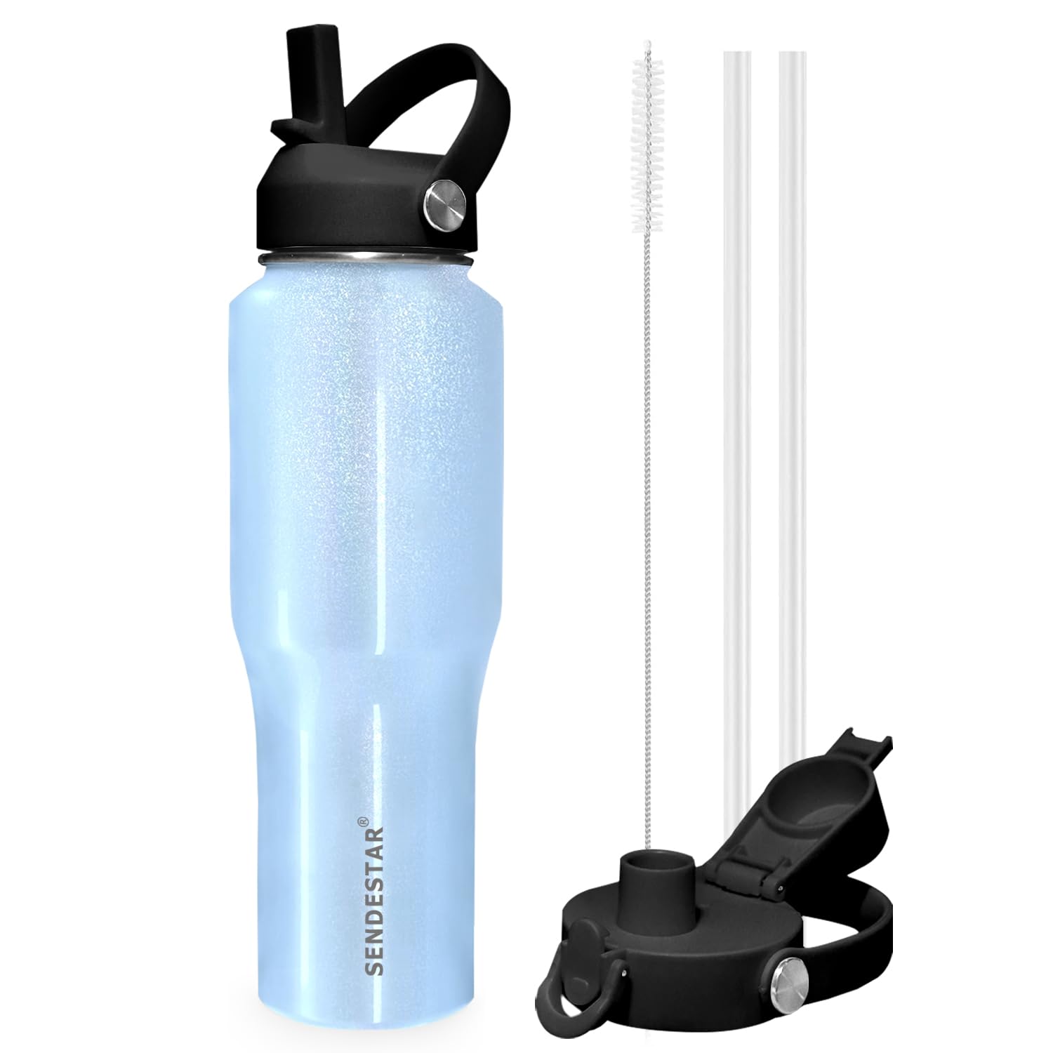 SENDESTAR 32oz Stainless Steel Water Bottle(Cold for 48 Hrs, Hot for 24 Hrs),Double Wall Vacuum Insulated Bottle with Straw Lid, Spout Lid and Flex Cap, Fit in Any Car Cup Holder