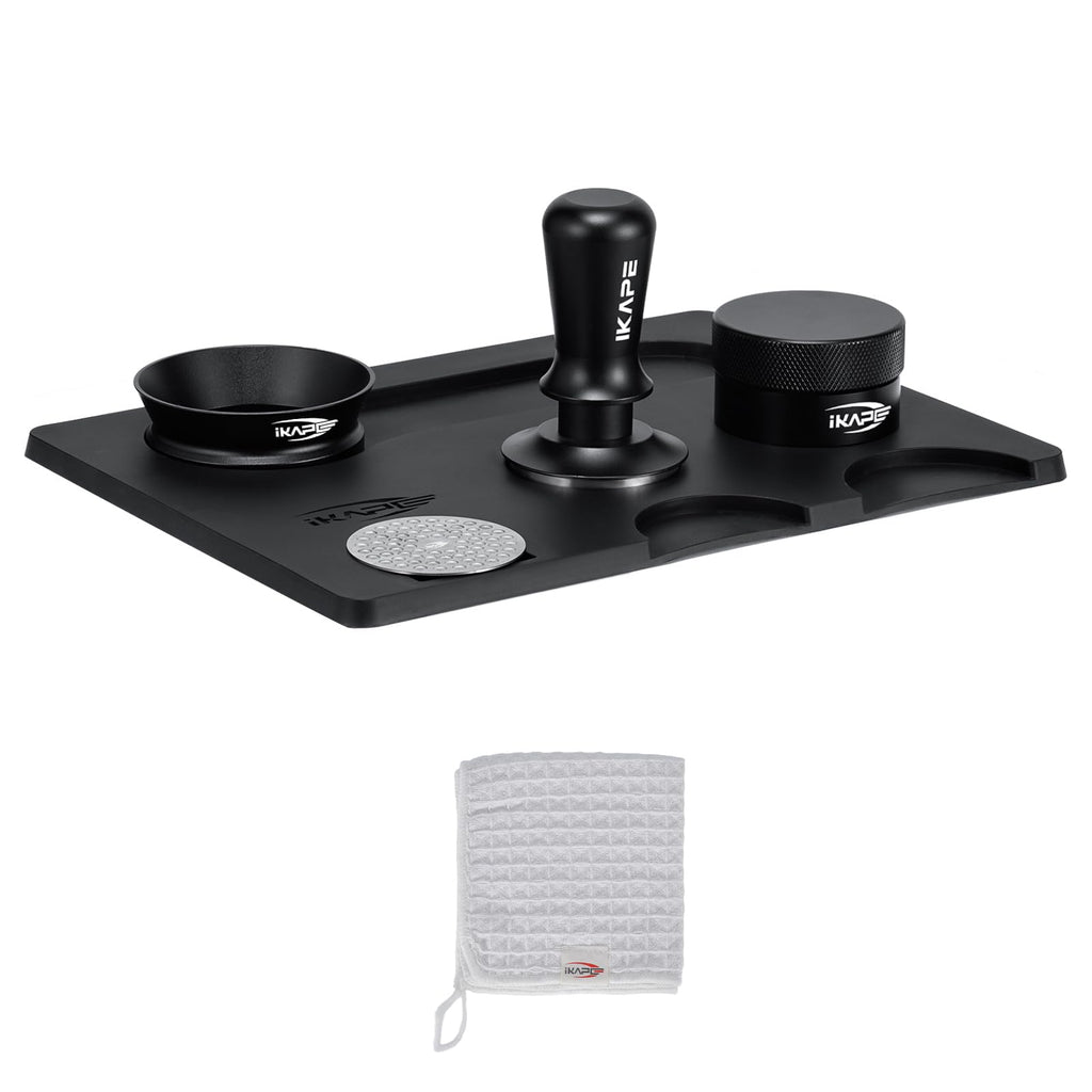IKAPE 58MM Espresso Tamper Kit Black 6 IN 1, Coffee Tamper Set Including Tamper, Distributor, Magnetic Dosing Funnel, Silicone Mat, Puck Screen, and Cleaning Towel