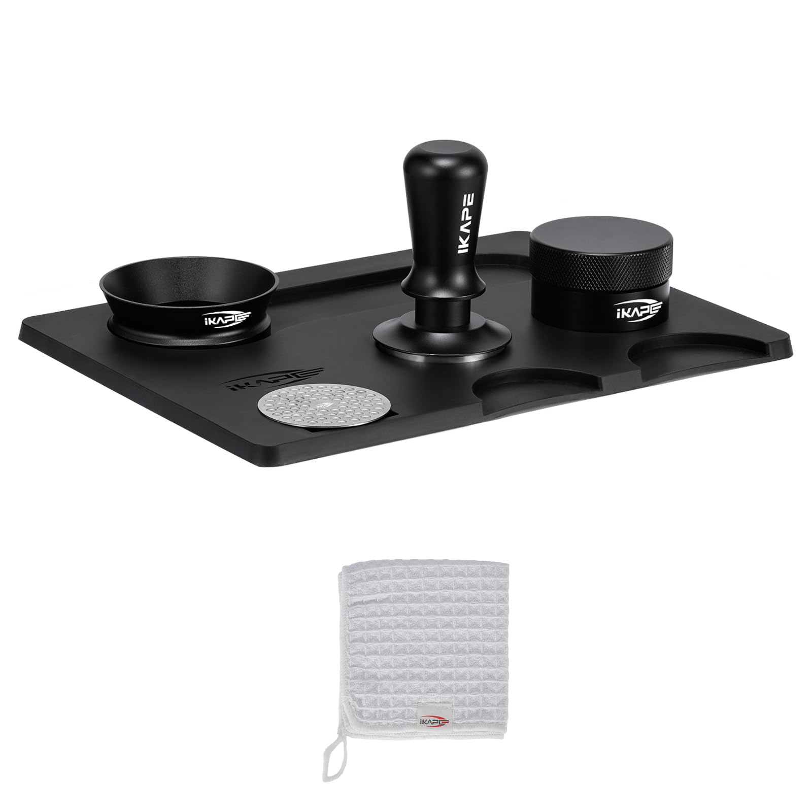 IKAPE 58MM Espresso Tamper Kit Black 6 IN 1, Coffee Tamper Set Including Tamper, Distributor, Magnetic Dosing Funnel, Silicone Mat, Puck Screen, and Cleaning Towel
