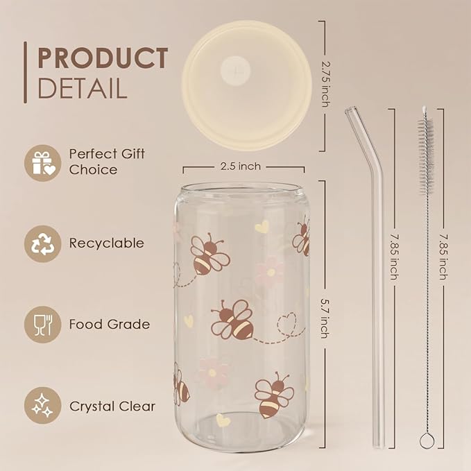 Bee 16oz Can Glass Tumbler with Acrylic Lid & Straw - Iced Coffee Cup for Women Girls, Aesthetic Cups Gifts for Birthday Christmas