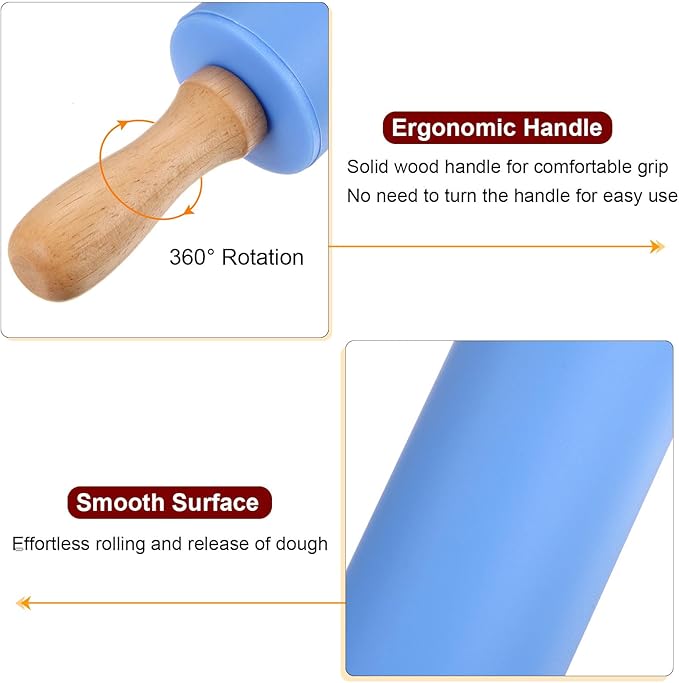 HARFINGTON Silicone Rolling Pins for Baking 12 Inch Wooden Handle Non Stick Rolling Pin Small Roller Playdough Rolling Pins for Dough Pizza Pastry Fondant Kitchen, Blue