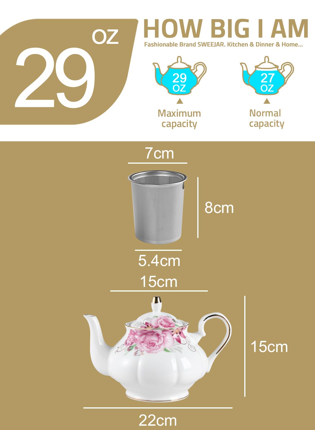 Sweejar Ceramic Teapot with Infuser, Floral Relief Gold Rimmed Teapot, 29 OZ Porcelain Tea Pot for Blooming and Loose Tea, Coffee...(Flower)